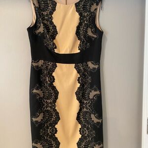 London Fog Black and Gold Lace-Accent Midi Dress